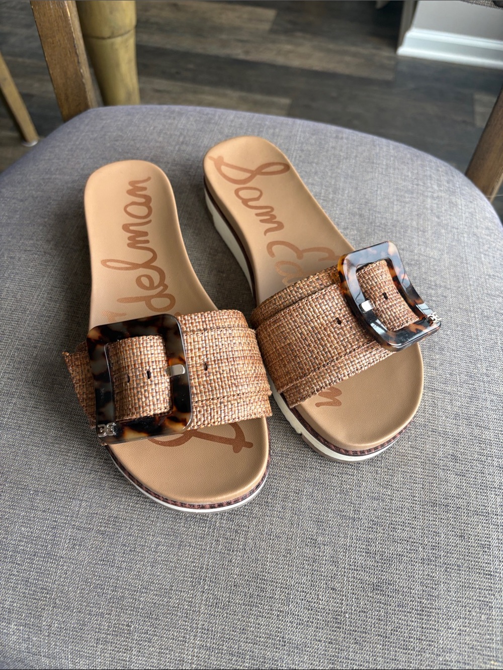 Sam Edelman Tan Raffia Slide Sandals with Tortoiseshell Buckle